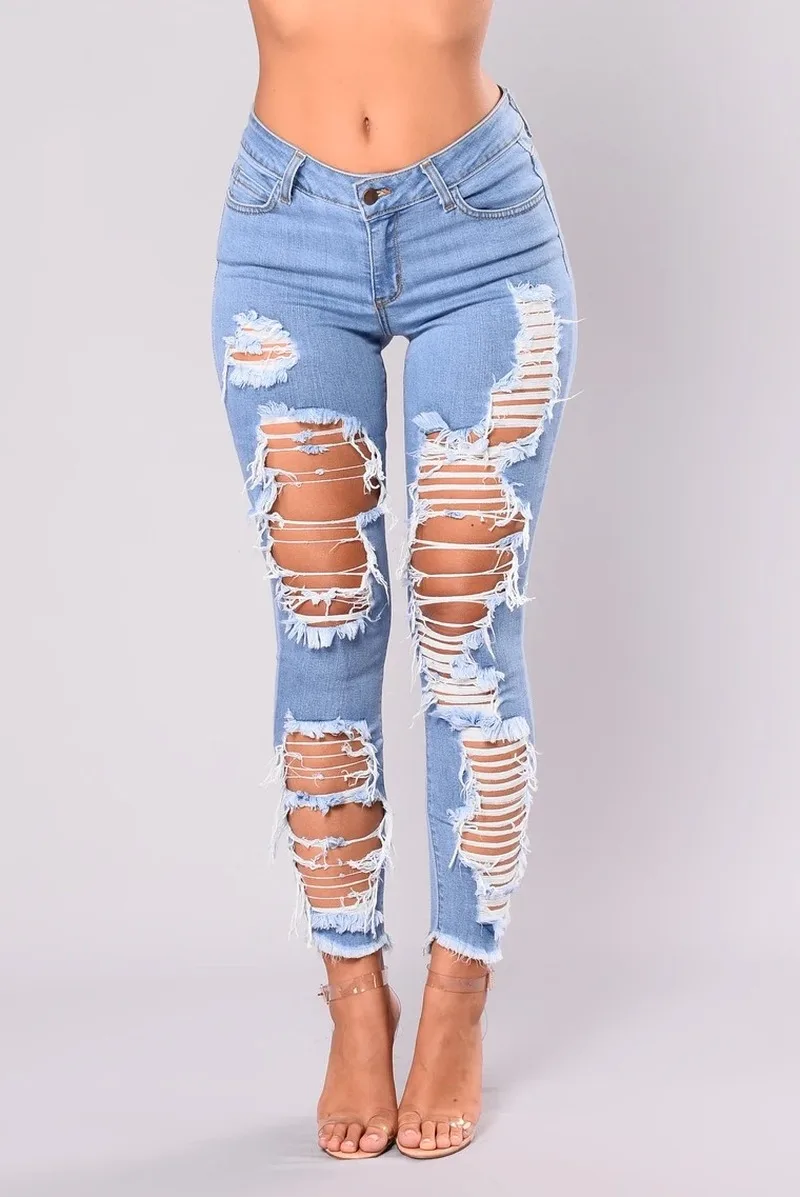 2023 Y2k New Women's Summer Fall Ripped Blue Jeans Skinny Stretch Jeans Indie Street Hipster Denim Pencil Pants S-3XL Clothes