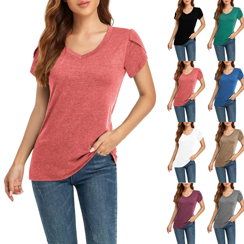 

2021 Summer Hot Harajuku Kawaii Clothes Goth Women Shirts Blended Appliques Regular Casual V-neck Solid Pullover