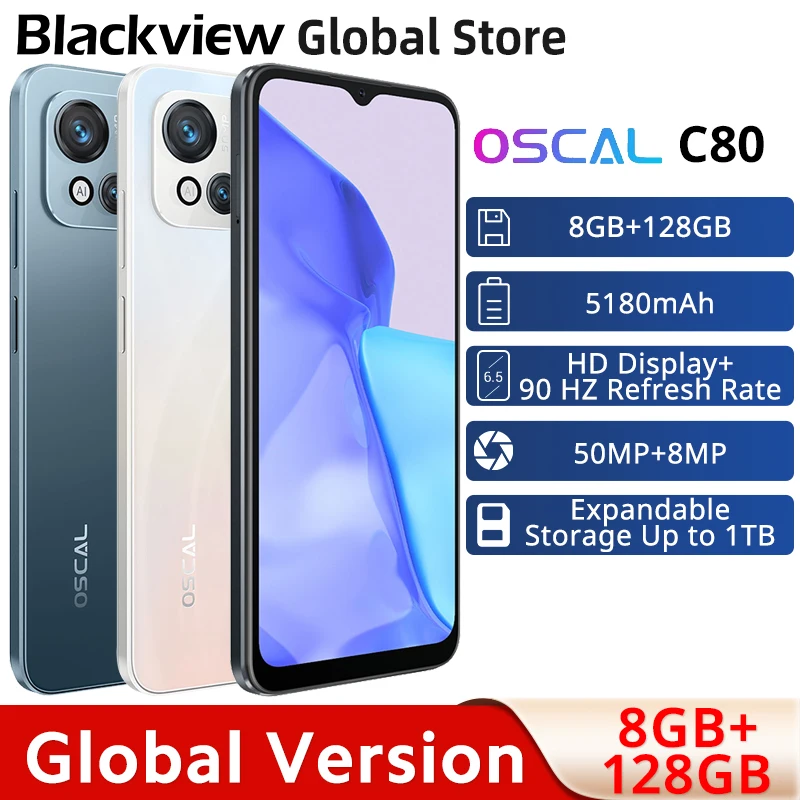 Global Version Blackview Oscal C80 8GB+128GB Smartphone Octa core 6.5'' HD Display 90 HZ Refresh Rate 5180mAh Mobile Phone