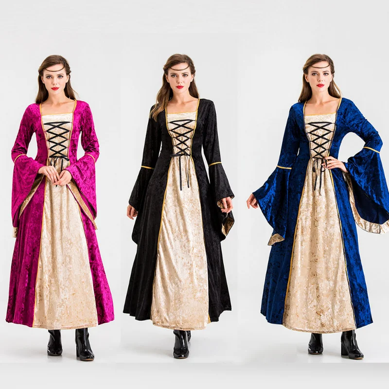 

Medieval Renaissance Velvet Ancient European Court Queen Costume Adult Women Halloween Gown Party Square Collar Maxi Dress