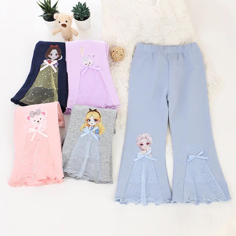 2023 Spring Summer Pants for Kids Girl Child Leggings Cartoon Elsa Flared Pants Cotton Elastic Girls Trousers From 2 to 8 Years