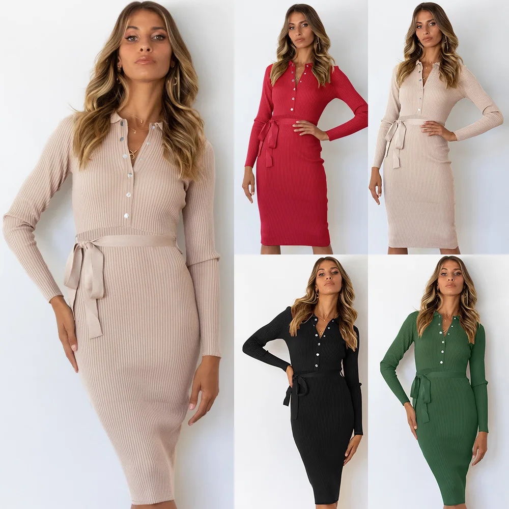 

NEW Ladies Knitted Dress Elegant Dress Mid-length Pullover Lace-up Skirt Women's Autumn and Winter Long-sleeved Slim Solid Dress