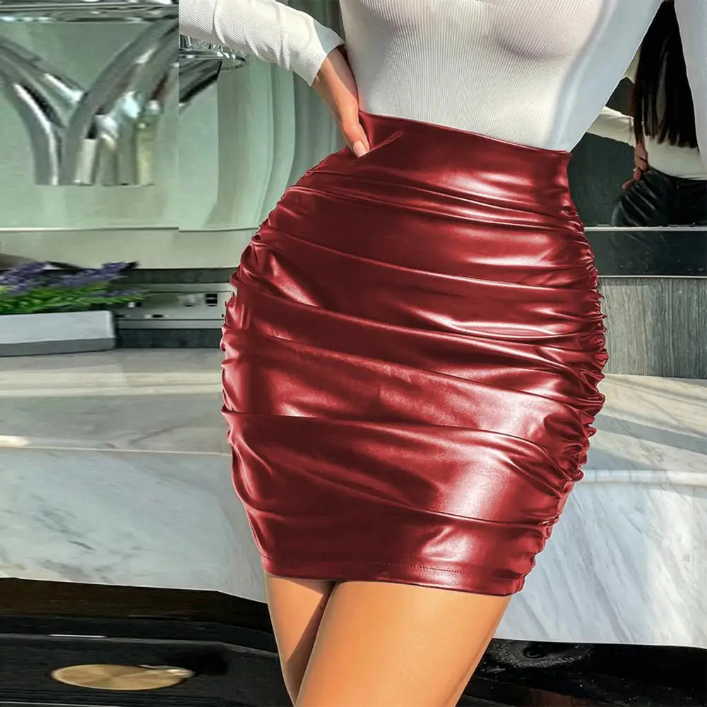 

Skirt Clubwear Party Mini Skirt High Waist Faux Leather Sheath with Pleated Zipper Smooth Breathable Slim Fit for Women Elegant