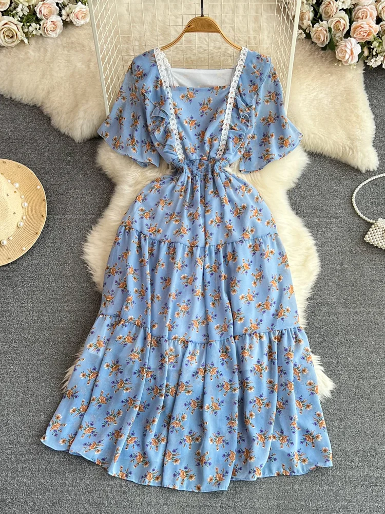 

Женское летнее платье с цветочным кружевом, квадратным вырезом и коротким рукавом, облегающее ТРАПЕЦИЕВИДНОЕ ПЛАТЬЕ с высокой талией и цветочным принтом, новинка M511