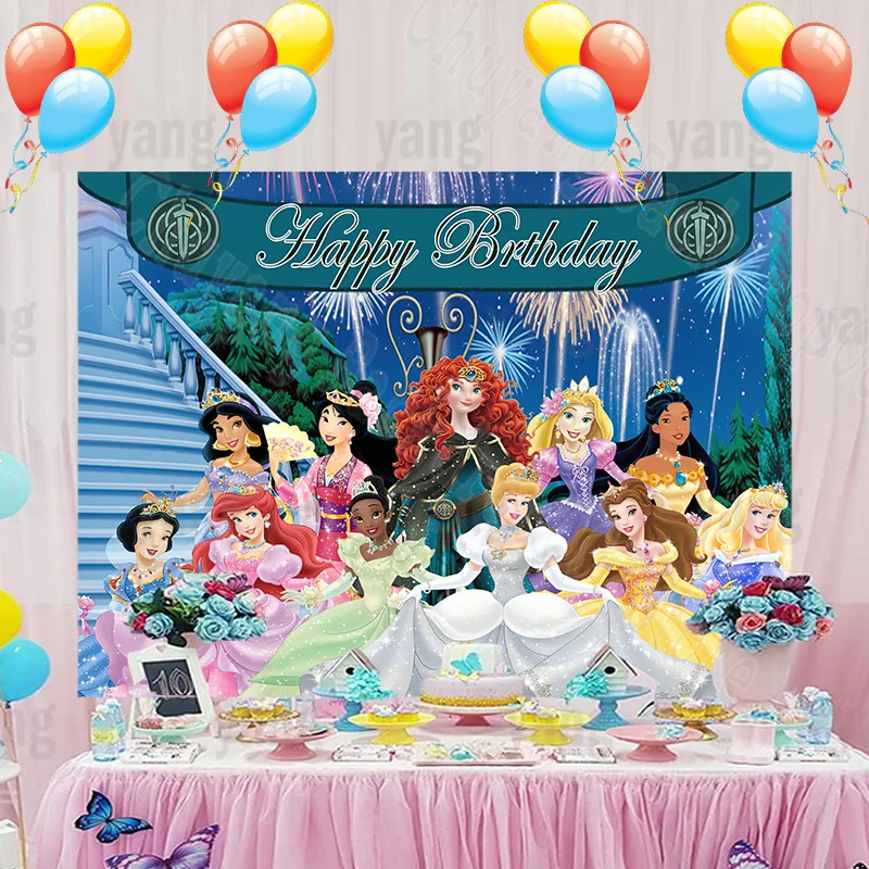 Disney Cinderella Belle Aurora Ariel Snow White Princess New Year Happy Birthday Party Colorful Fireworks Backdrop Background enlarge