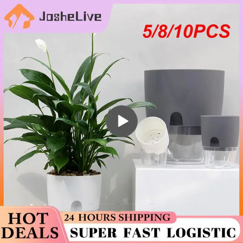 

5/8/10PCS For Indoor Plants Indoor Golden Plastic Double Layer Small Plant Pot Self Watering With Injection Port Cotton Rope