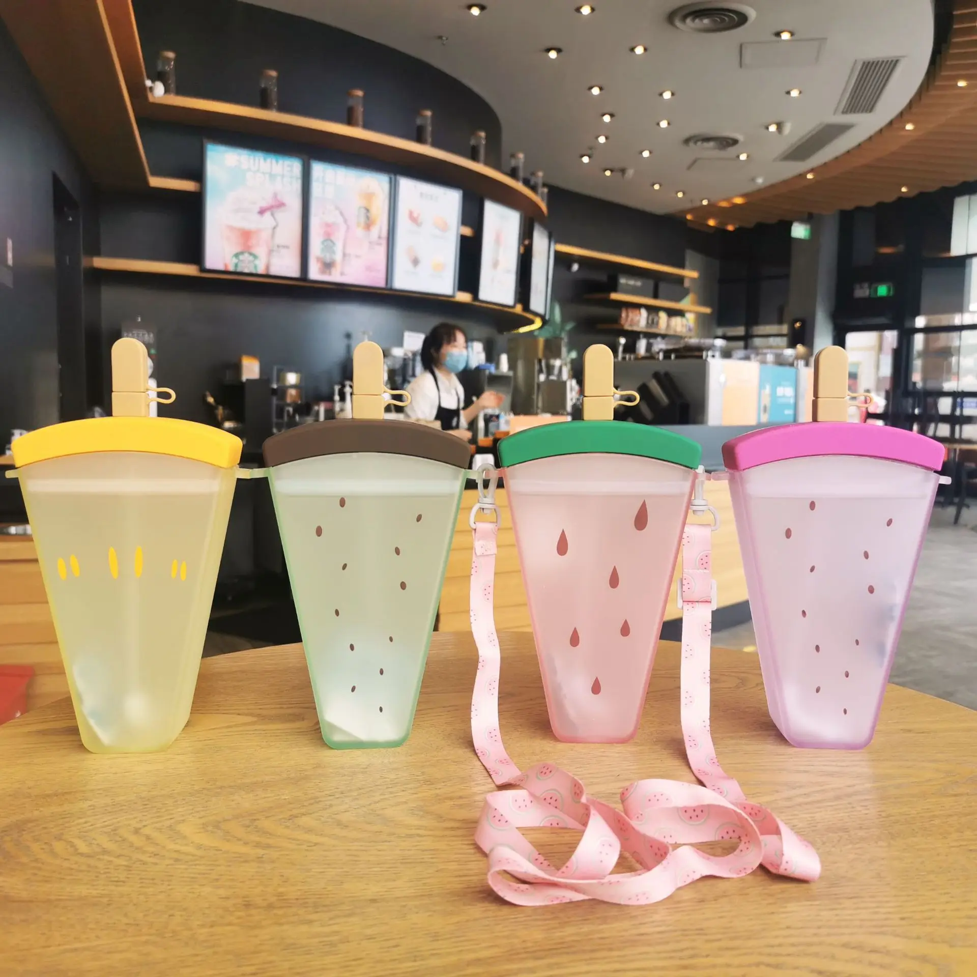

320ml Water Bottles with Straw Cute Watermelon Ice Cream Water Bottle Anti-Fall Portable Popsicle Shape Water Cup for girls