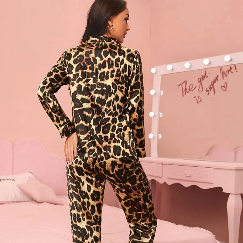 Sexy Leopard Print Pajamas Summer Women Long Sleeves Trousers Suit Sweet Women's Home Service Two-piece Suit Pajamas Woman