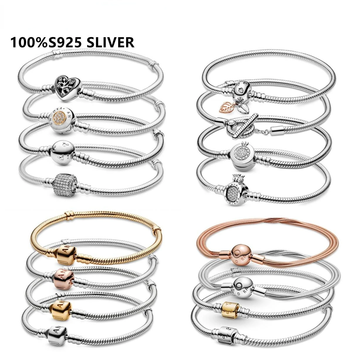 

100% S925 Sterling Silver Snake Bone Bracelet Fit Original Pandora Charms Beads Simple Style DIY Various Styles Bangle Gift