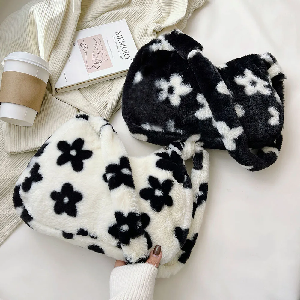 

2021 Winter Women's Bag Plush Fur Flower Pattern Designer Handbag Female Winter Casual Fluffy Mini Shopping Shoulder Bag Tote