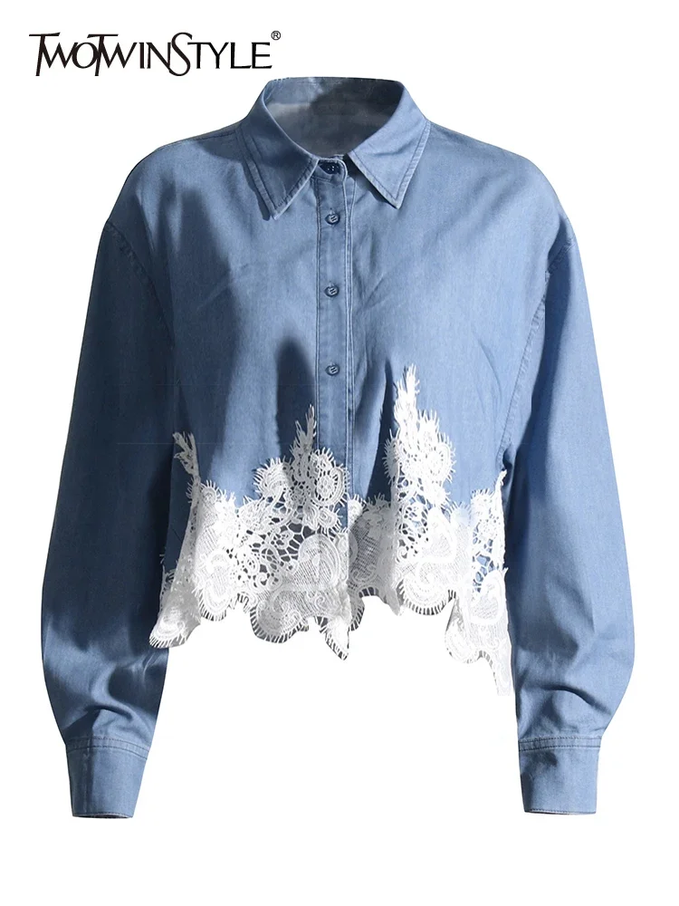 

TWOTWINSTYLE Denim Spliced Lace Shirt For Women Lapel Long Sleeve Patchwork Single Breasted Vintage Blouse Female Fashion Style