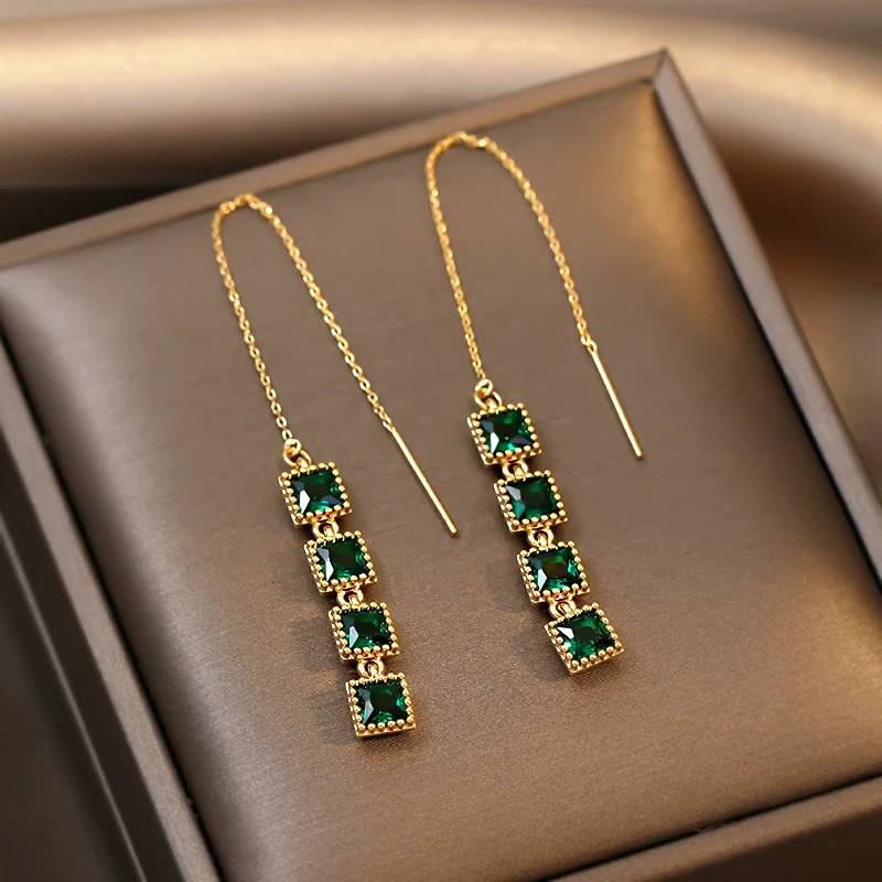 

New Long Green Square Geometric Dangle Tassel Earrings for Women Gold Color Party Vacation Engagement Jewelry Girls