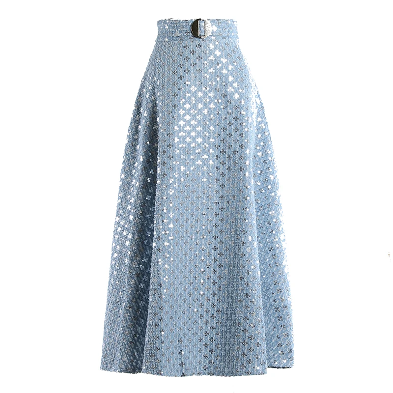 Demin Vintage Skirt Women Spring Autumn MID Embroidery Sequins Empire Waist A Line Blue