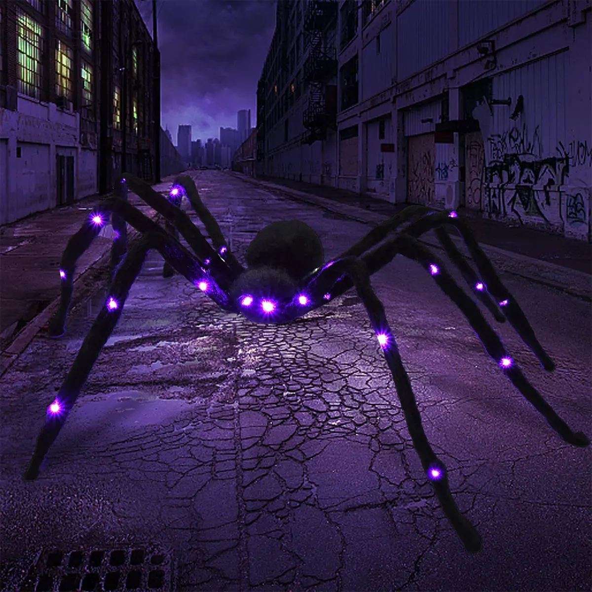 

L 4Ft Giant Spiders Halloween Realistic Black Hairy Spiders with Purple LED Lights Halloween Light Up Spider Scary Fake Spiders