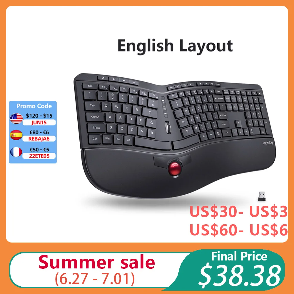 

VicTsing PC325 Wireless Ergonomic Split Keyboard，2-in-1 Keyboard & Mouse Design，with Trackball & 16 Media Keys for Quick Access
