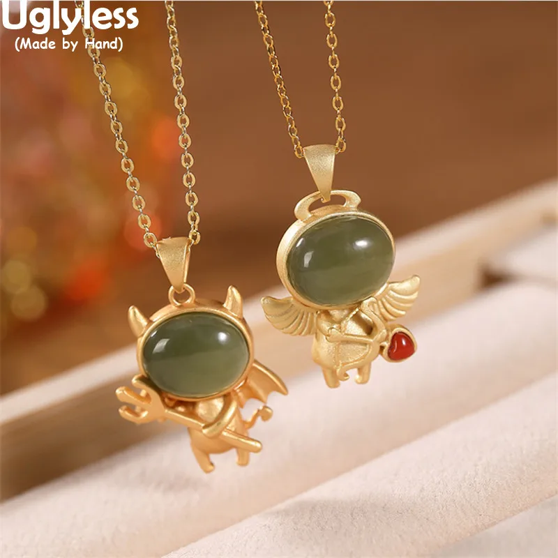 

Uglyless Halloween Gifts Treat or Trick Demon or Angel Pendants Necklaces No Chain Natural Jade Figures Necklace Gold 925 Silver