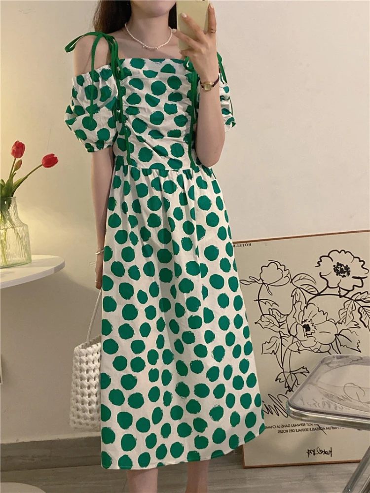 

Summer Korea Sexy Elegant Woman Polka Dots Beach A-line Dress Harajuku Goddess Holiday Style Classic Loose Offiec Lady Mid-Dress