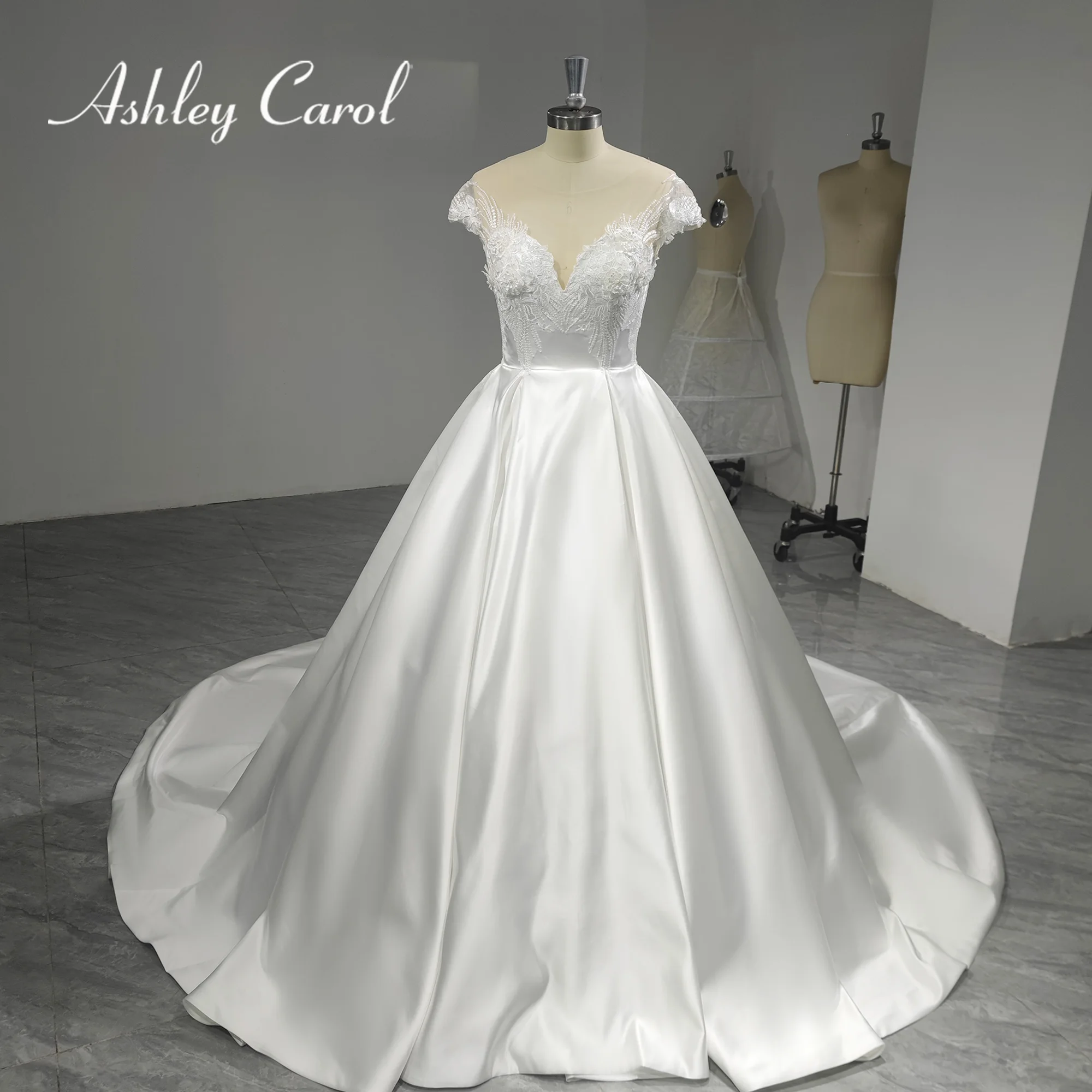 

Женское Атласное Бальное Платье Ashley Carol, свадебное платье с бисером и открытыми плечами, Винтаж свадебное платье, Vestidos De Novia