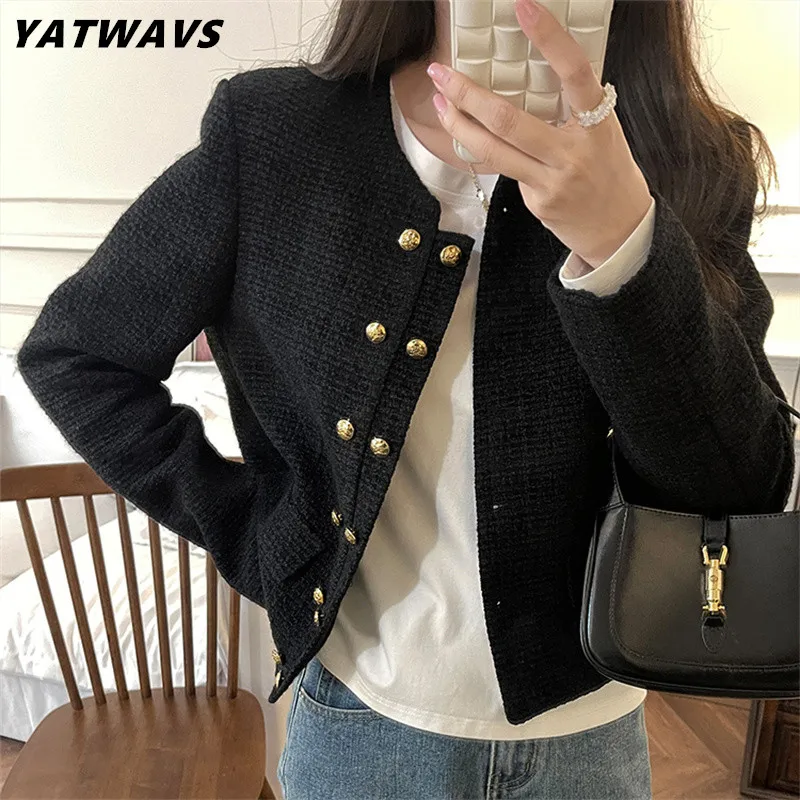 

Runway Tweed Fashion Women Small Fragrance Chic Gold Double Breasted Wool Coat Brand Luxury Woolen Jacket Casaco Outwear Tops