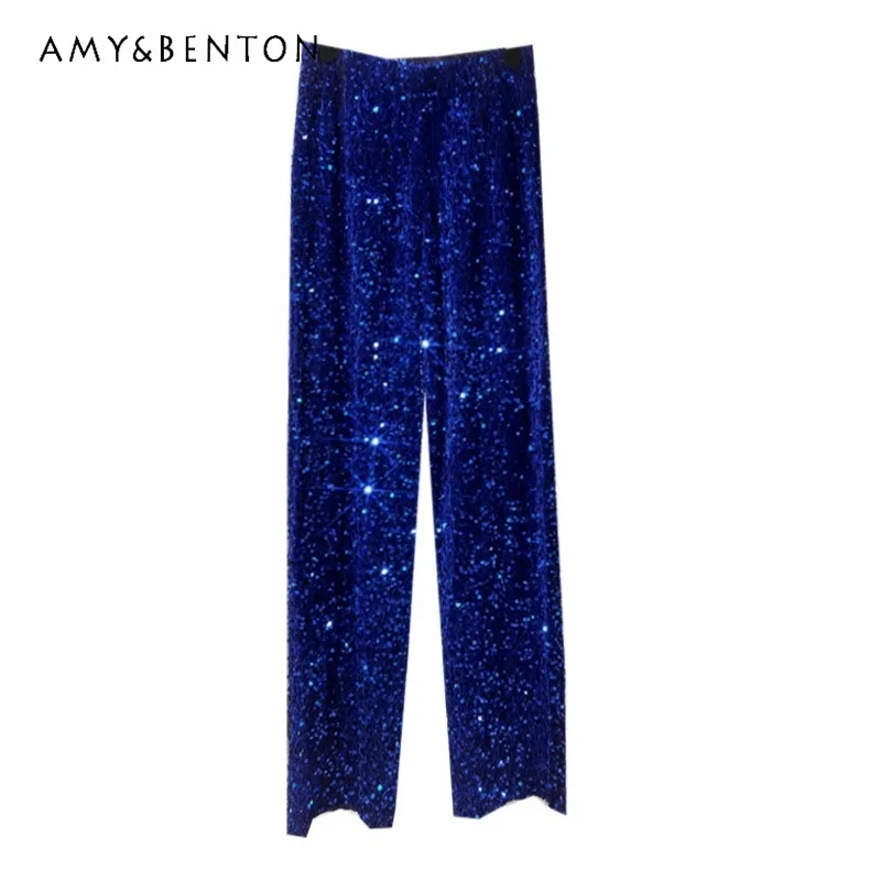 

Autumn Winter New Korean Velvet Sequined Wide-Leg Pants Lengthened Drooping Slimming Mop Pants Shiny Casual Straight Pants Women