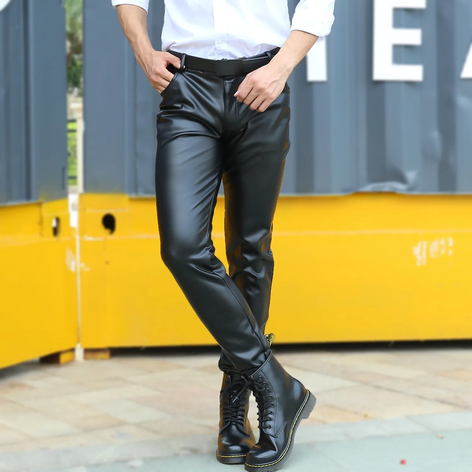 

2022 Fashion Black Fake Leather Men Sexy Skinny Compression Tight Pant Gay Novelty Fitness Leggings For Dance Show