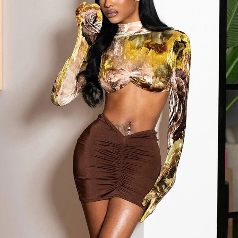 BKLD High Street Club Sexy Matching Two-pieces Outfit Printed Mesh Half Neck Long Sleeved Connecting Gloves Crop Top+Skirts