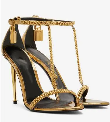 

Summer Gold Black Sliver White Taupe Padlock Naked Heeled Sandals Women Sexy Chain Link Ankle T Strap Stiletto Heels Shoes Lady