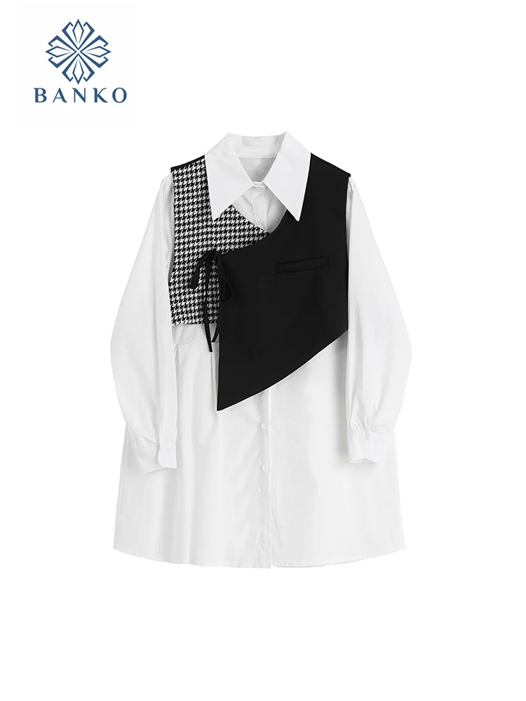 

Женский винтажный комплект из 2 предметов, белая блузка с отложным воротником и элегантный асимметричный клетчатый жилет в стиле пэчворк в Корейском стиле Kpop, осень