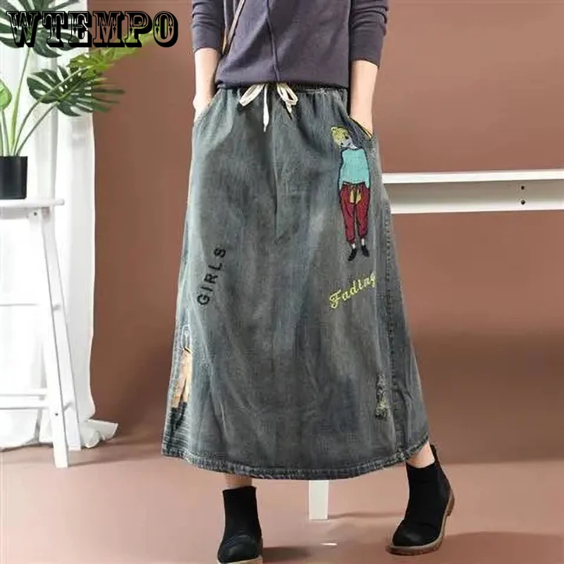 

Ripped Jean Skirts Women Girl Embroidery Vintage Blue Loose Hole Jean Skirt Harajuku A-line Denim Skirt Faldas Jupe