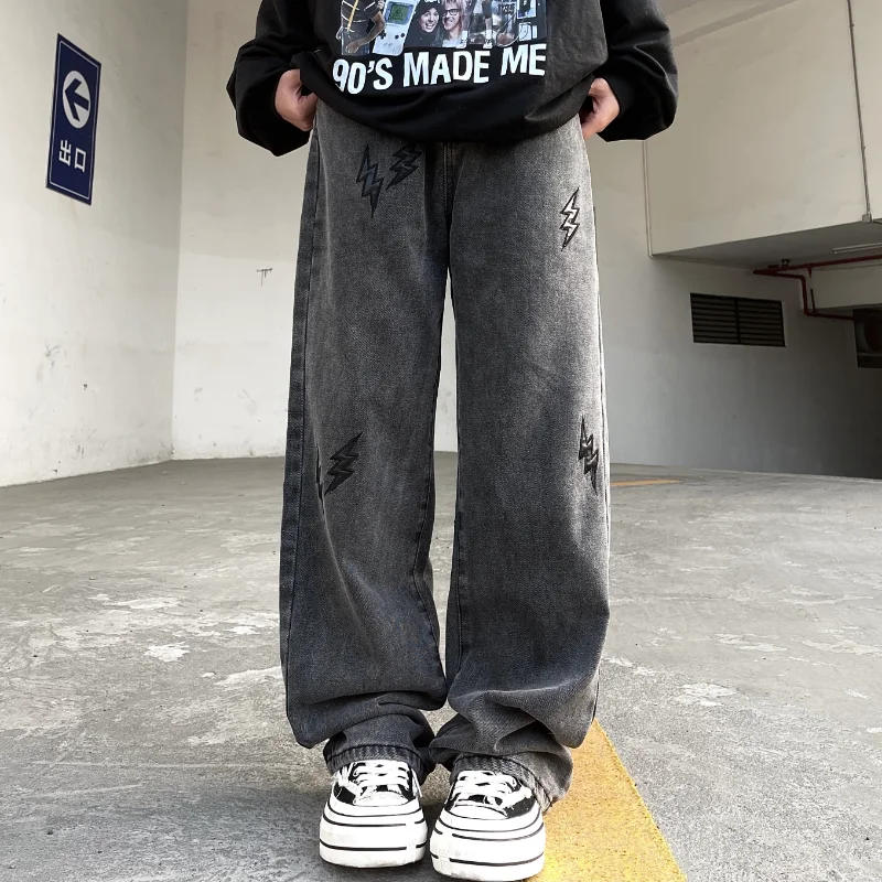 American Vibe Wind Lightning Pattern Leather Jeans Men's Trend Hip-hop Retro Slacks Fashion Street Men Ins Selling Y2k Men Jeans