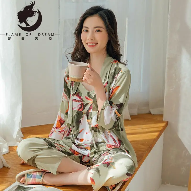 

Flame Of Dream Pajamas Women's Sexy Suspender Three Piece Set Japanese Kimono Wearing Home Suit 221583