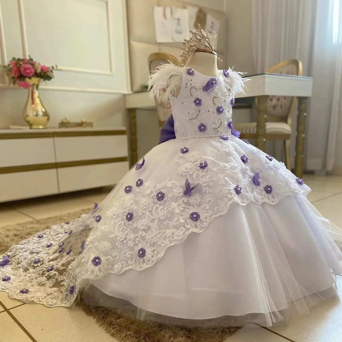 Белое Цветочное платье для девочки свадебное кружевное фиолетовое с 3d цветочным