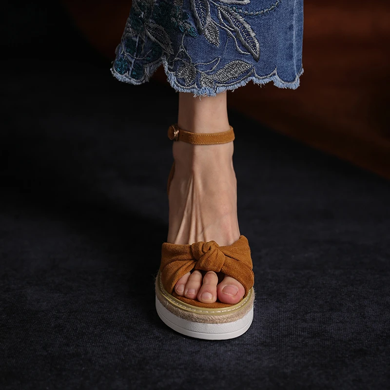 

French Style Bowknot Wedge Pumps Elegant Sandals Chunky Heel Ladies Shoes Summer Platform Sandals Thick Heel Women Shoes