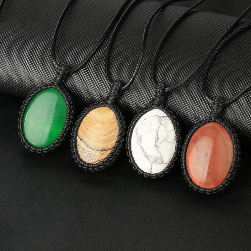 

Ожерелье с овальным кулоном из натурального хрусталя, ручной работы, плетеное ожерелье из камня, веревочное ожерелье, очаровательные украш...