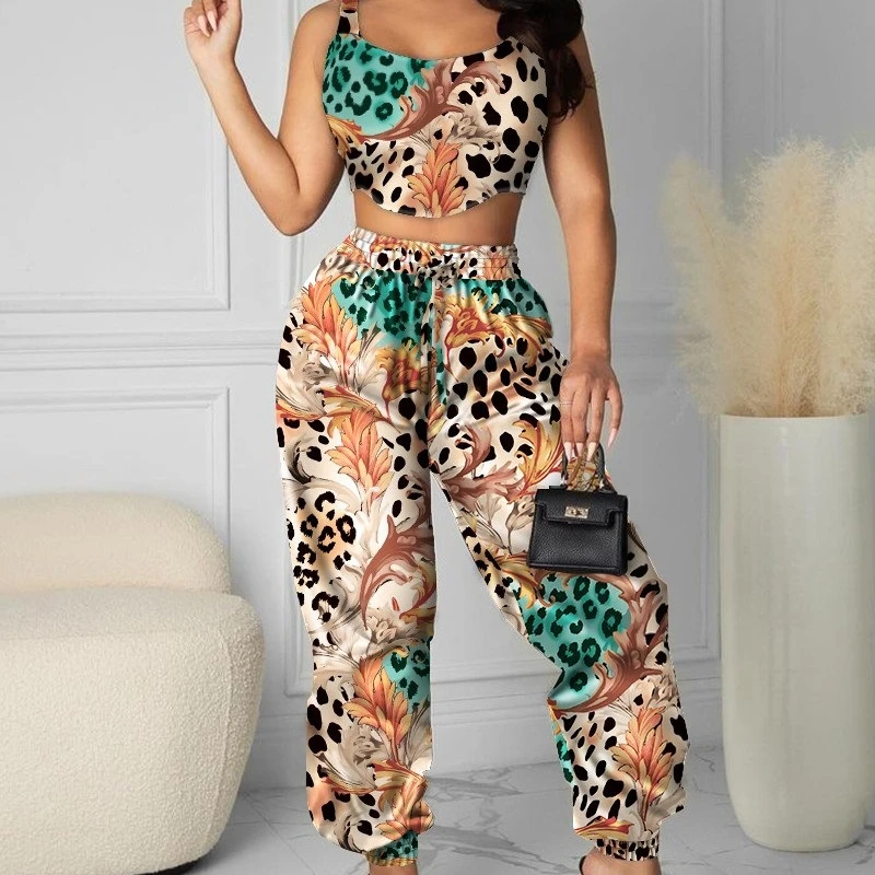 2023 Summer Women's Two-piece New Sexy Cut Top Short and Trousers Set Fashion Casual Print Set Overalls