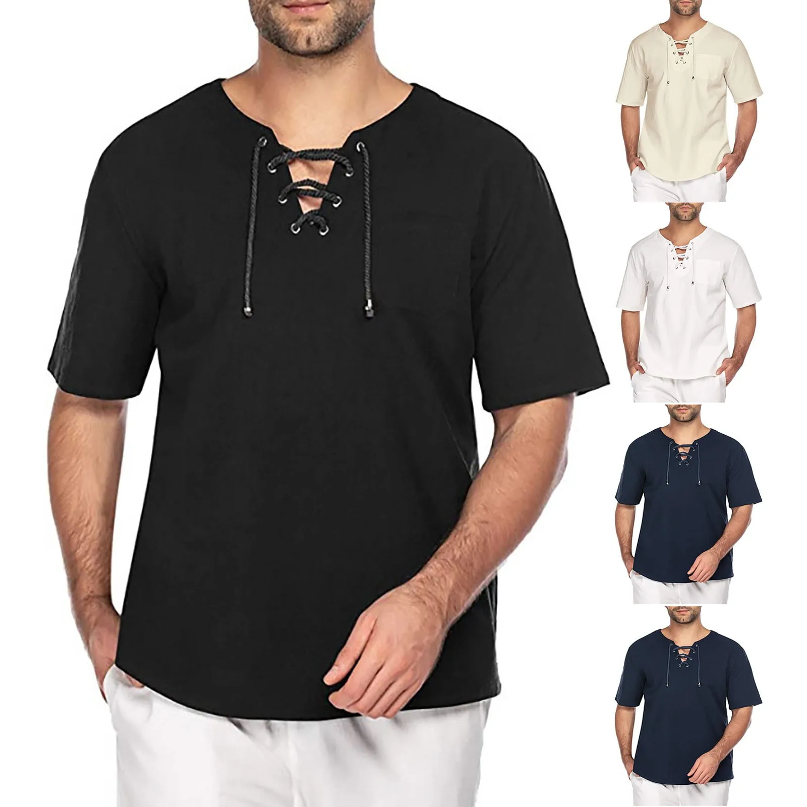 

Summer Men T-shirt Fashion Drawstring V-Neck Solid Color Thin Cotton And Linen Short Sleeve T-shirt Tops Plus Size Man Clothes