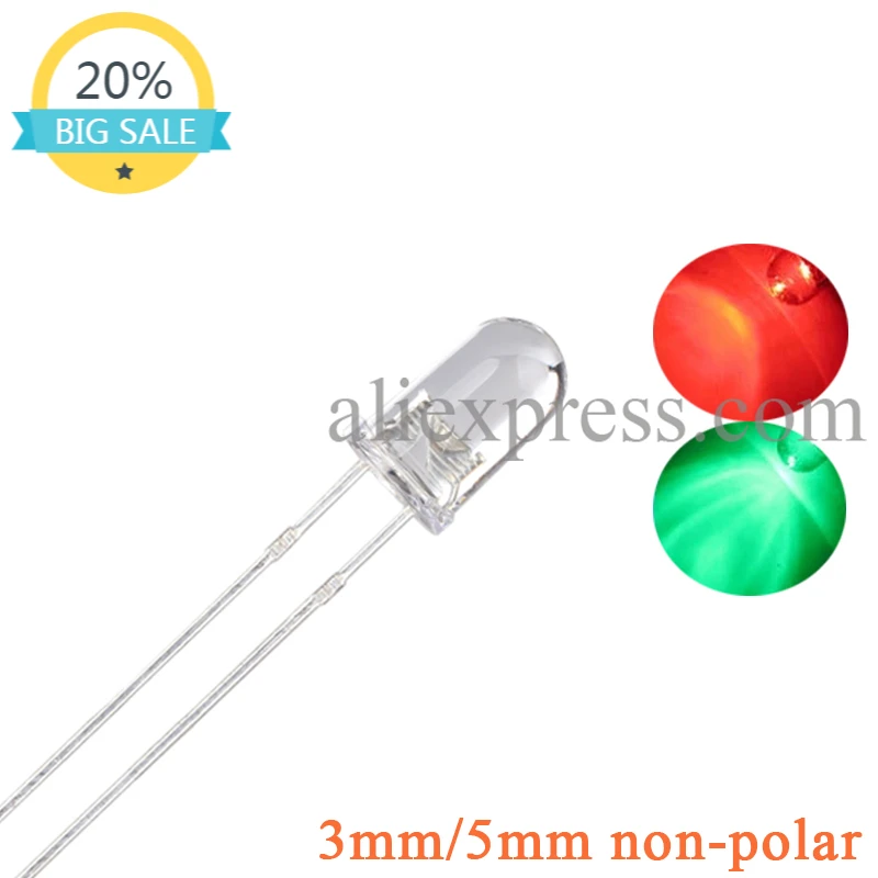 

100PCS 5mm 3mm LED Bi-Color Clear Red/Green Fog/Diffused Non-Polar Round Light Emitting Diode Two Plug-in DIP DIY Kit