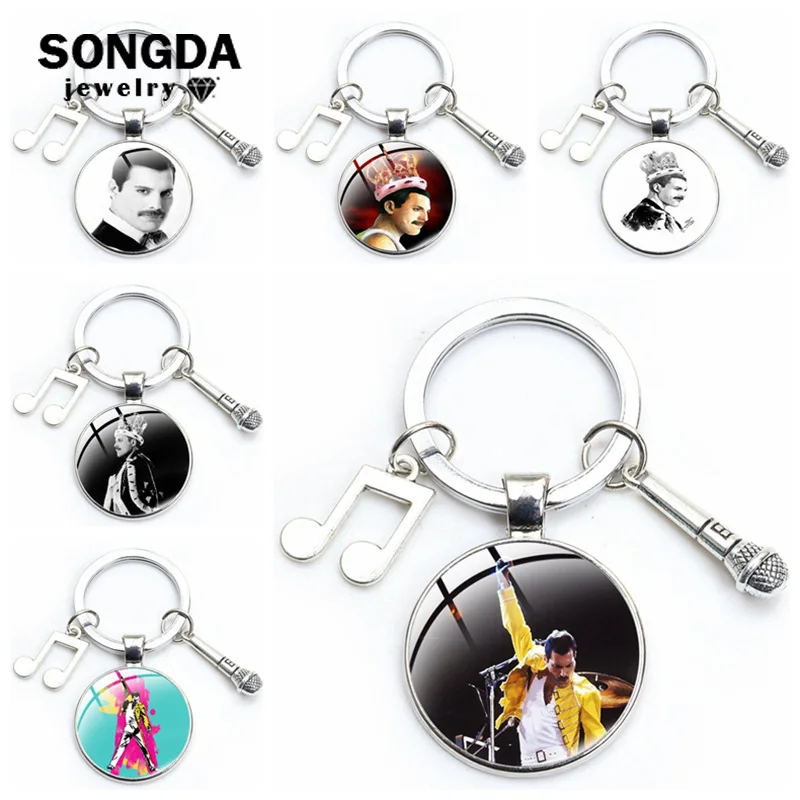 

Rock Band Freddie Mercury Keychain Popular Music Star Glass Cabochon Note Microphone Pendant Keyring Men Women Jewelry Fans Gift