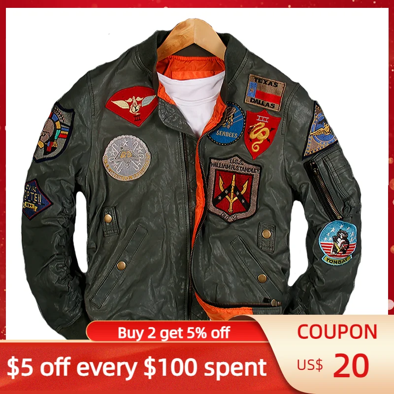 

2022 Men Green USAF Pilot Leather Jacket Plus Size 6XL Genuine Natural Sheepskin Slim Fit Spring Military Aviator Coat