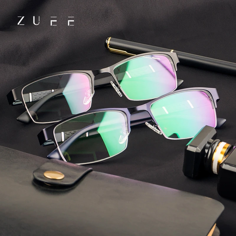 

ZUEE Metal Anti-Blue Light Reading Glasses Men Half Frame Prescription Eyeglasses Male TR90 Eyewear With Case óculos