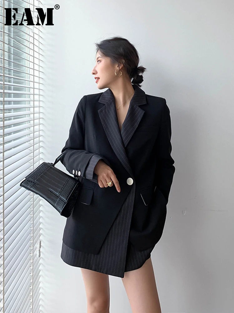 

[EAM] Women Black Striped Split Big Size Blazer New Lapel Long Sleeve Loose Fit Jacket Fashion Tide Spring Autumn 2022 1X583