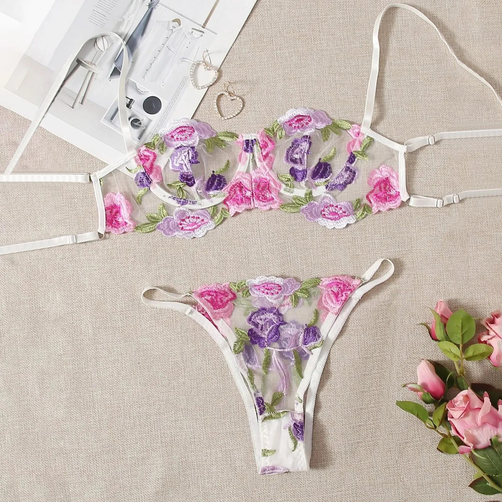 

Women'S Underwear Bra G-String Rose Flowers Embroidery Bralette Cupless Brief Sets Lace Sexy Lingerie Bras Bustier Underwear Set