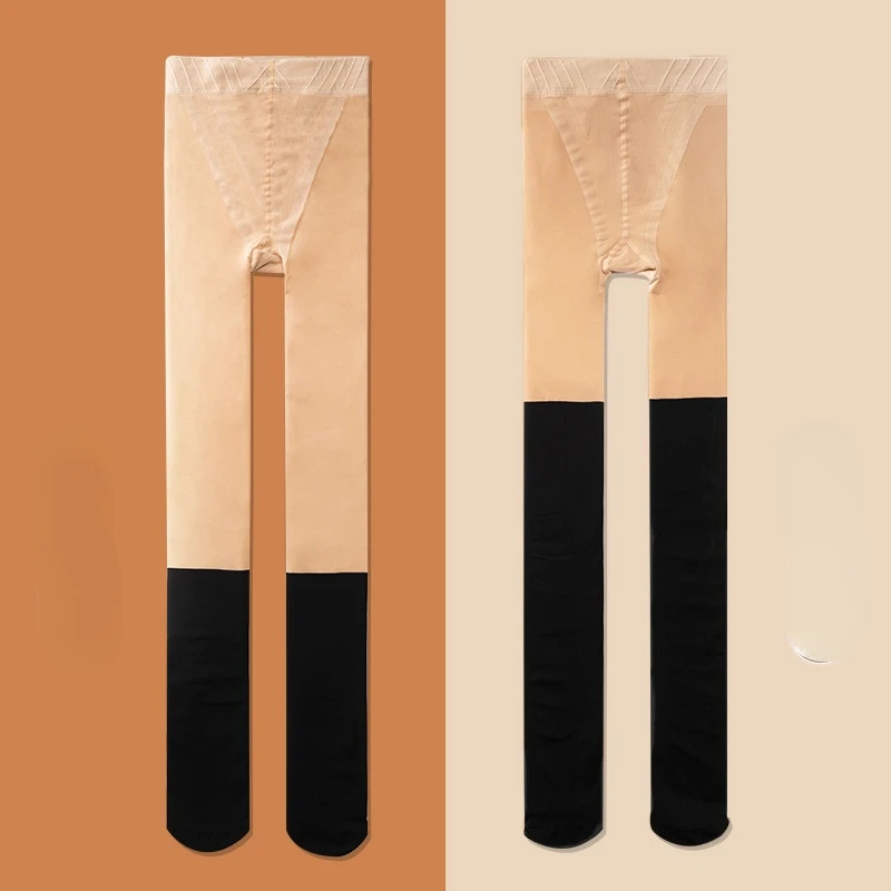 Tights Winter Women's Sock Pants Plus Velvet Fake High Tube Stitching Stockings Upper And Lower Skin Black Thickened Pantyhose