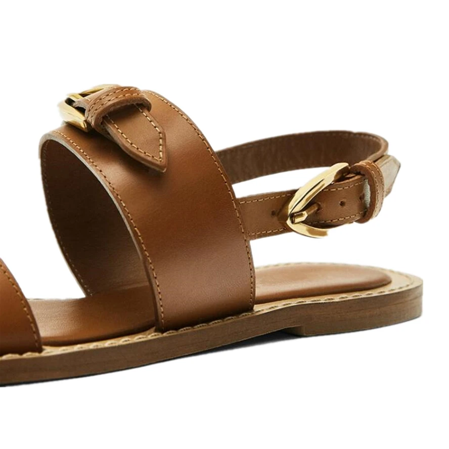 Elmsk French Vinatge Fashion Blogger Ladies Metal Buckle Genuine Leather Flat Sandals Summer Sandals For Women