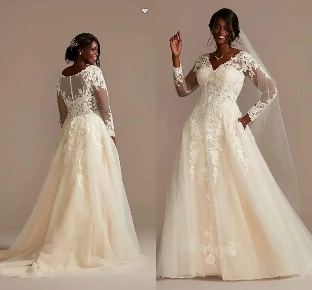 

Plus Size Wedding Dresses 2024 Long Sleeves Full Lace A Line V Neck Modest Covered Buttons Princess Church Bridal Gowns Vestido