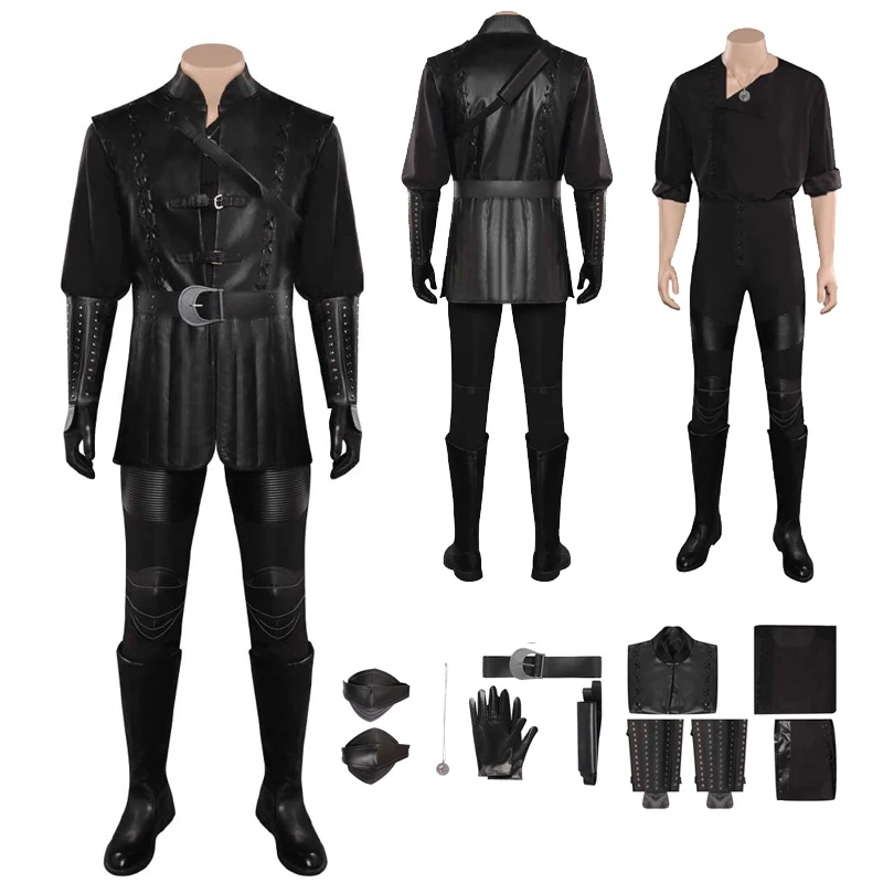 

Men Geralt Cosplay Costume Witch Role Play Black Shirt Pants Outfits Clothes Vest Necklace Full Set Male Halloween Party Suits