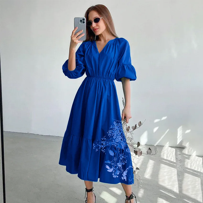 

2023 New Elegant Midi Summer Dress Lantern Half Sleeve V-Neck Office Long Party Dress Lady A-Line Ruffle Casual Dress for Women