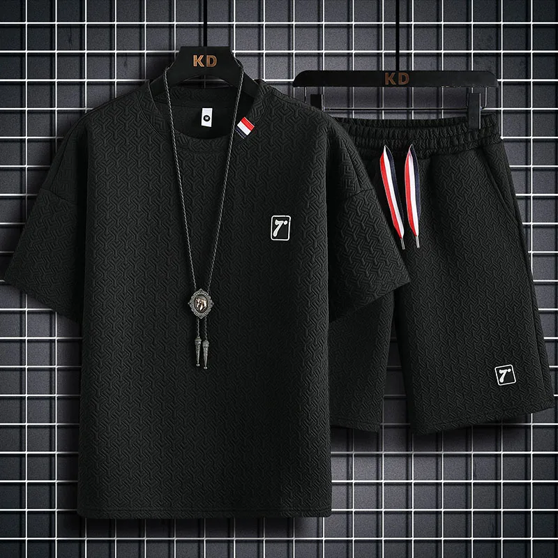 Men's Summer Thin Short-Sleeved Shorts Men's Waffle Shorts Suit Sports Fashion Brand Loose Casual Shorts