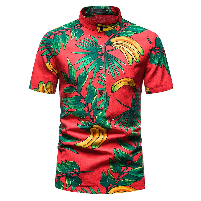 

2023 Hawaiian Shirt Men Summer Geometric Print Beach Shirts Short Sleeve Stand Collar T Shirts Blouse Top Casual Clothing