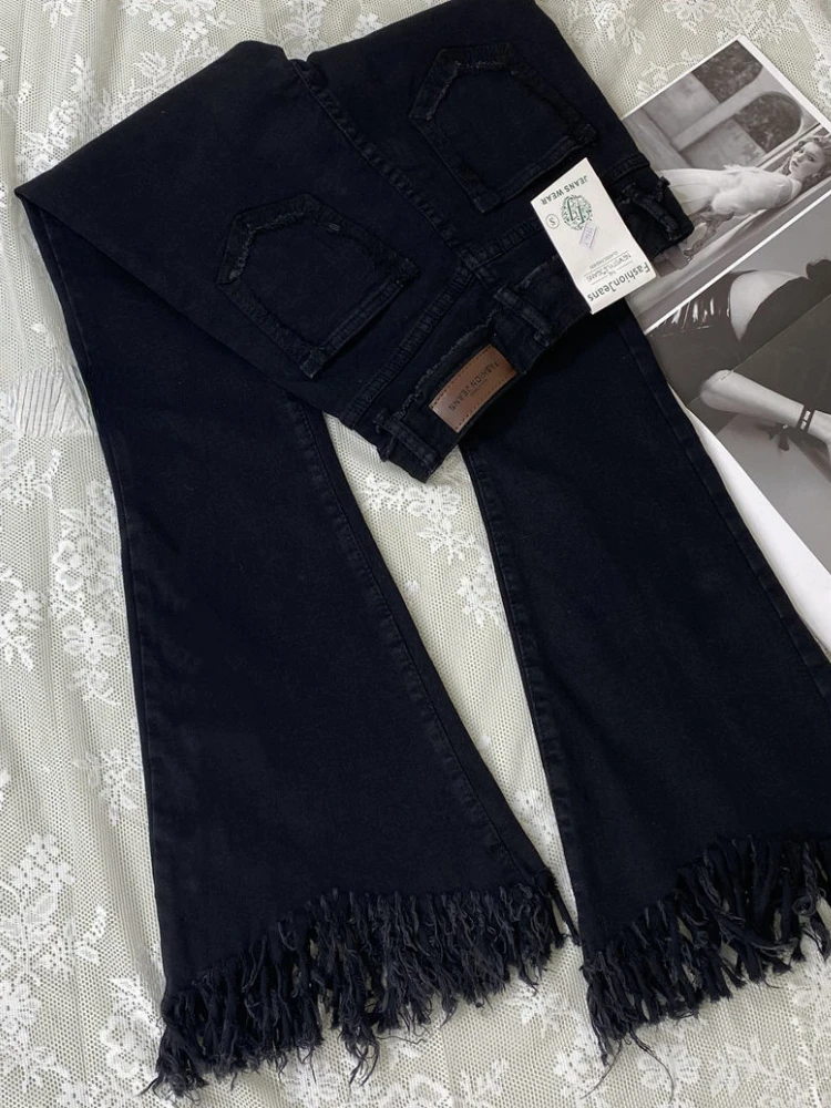 Расклешенные рваные джинсы женские Hotsweet с кисточками винтажный корейский стиль